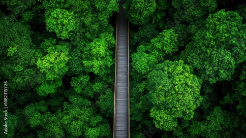 Aerial View of a Path Through a Lush Green Forest