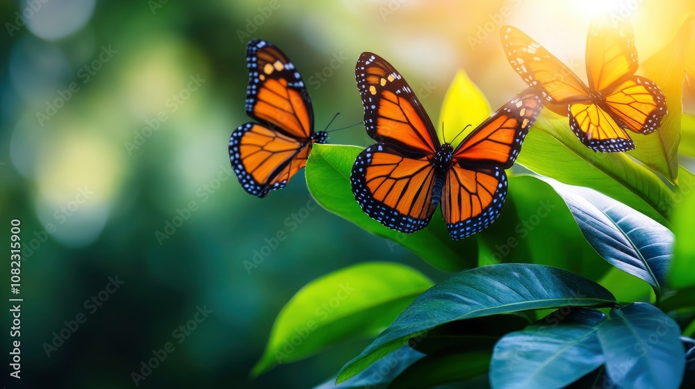 Monarch Butterflies on Green Leaves in Sunlight Monarch Butterflies on Green Leaves in Sunlight