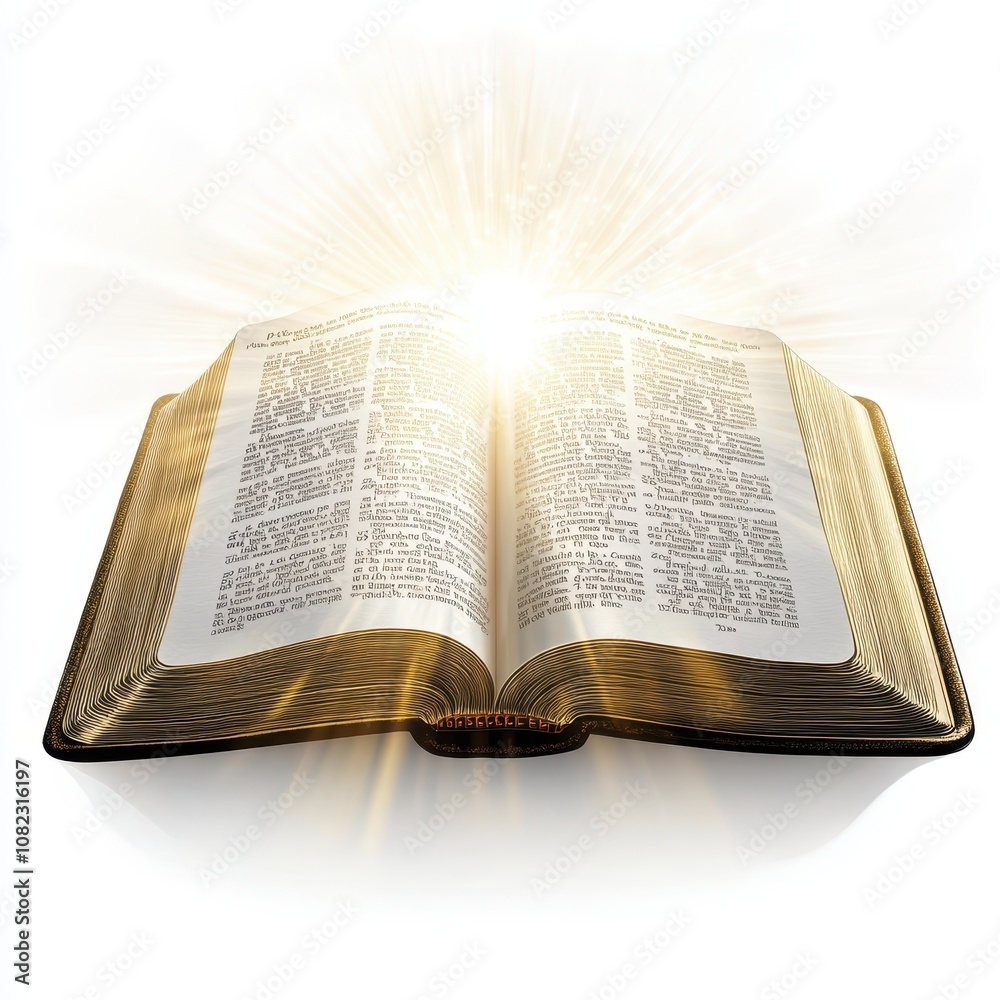 Fototapeta premium Spiritual symbol with Bible, light radiating from scripture, uplifting design, isolated on white background
