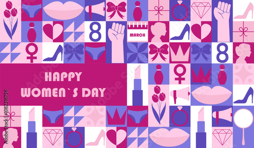 Happy Womens Day mosaic banner. Horizontal poster, greeting card, header for website. Modern neo geometric abstract background. Vector illustration