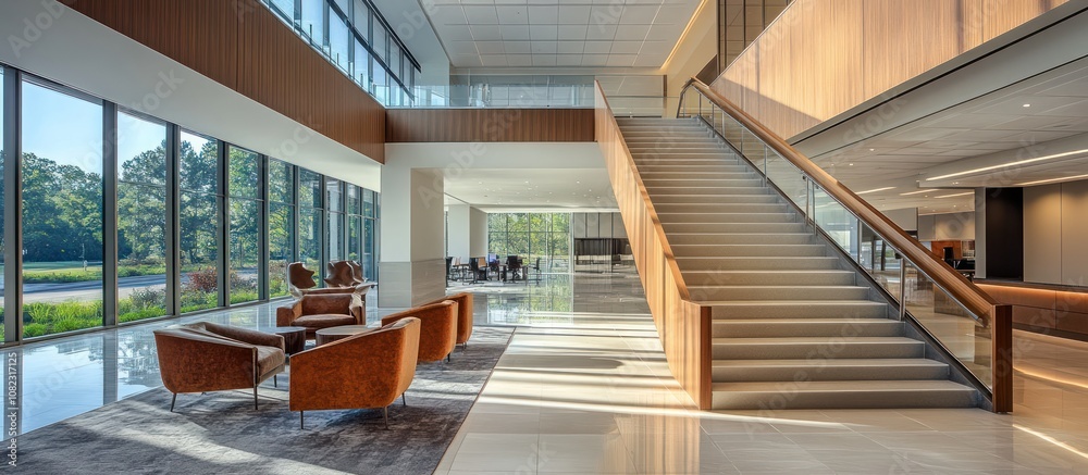 Modern office lobby with large windows, a staircase with a wooden handrail, and a seating area with brown armchairs. Modern office lobby with large windows, a staircase with a wooden handrail, and a seating area with brown armchairs.