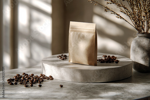 A minimalist coffee bag showcase on a textured stone surface with coffee beans and natural light photo