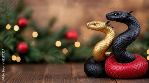 A decorative display featuring two intertwined snake figurines, one gold and one black, set against a blurred background of festive lights. photo