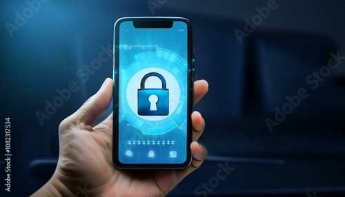 スマートフォンの画面にロックされたデータファイルが映し出され、鍵アイコンで守られたセキュリティシステムを表現。
