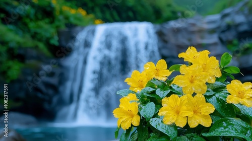 Close-up of vibrant yellow rhododendron flowers with glistening water droplets, set against the backdrop of a flowing waterfall.