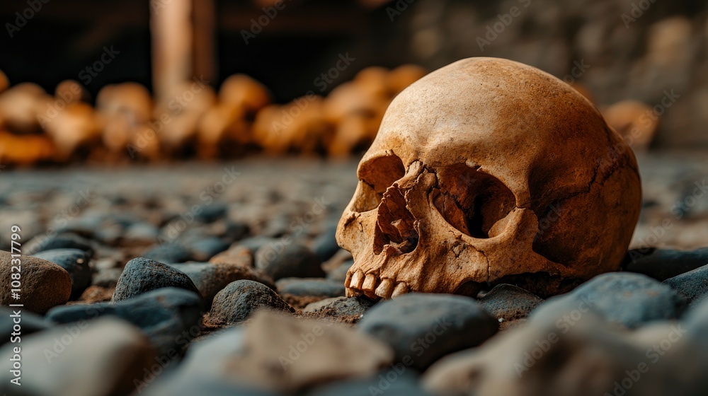 Human Skull on a Bed of Stones Human Skull on a Bed of Stones