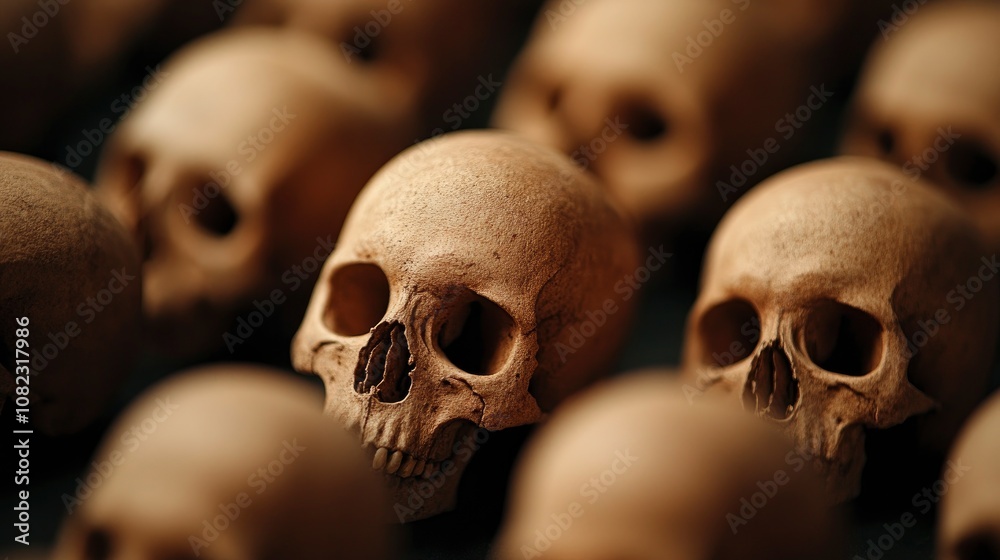 Close-up of a pile of human skulls Close-up of a pile of human skulls