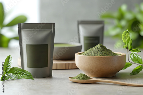 Matcha tea powder is elegantly displayed in a wooden bowl with packaging in the background photo