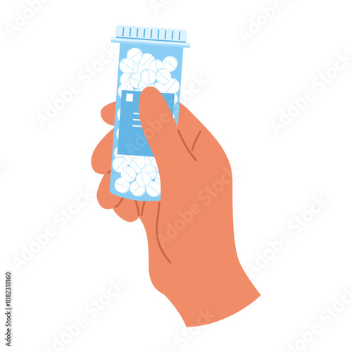 Illustration of a hand holding a pill container. Medical treatment concept