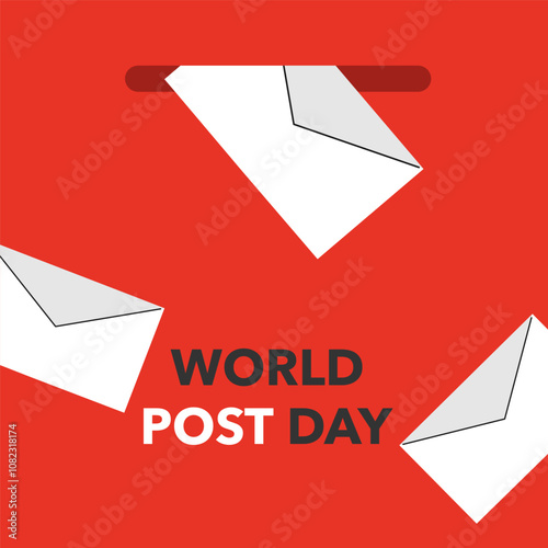World Post Day. Red post box with envelope. October 9. Suitable for postcards, banners etc