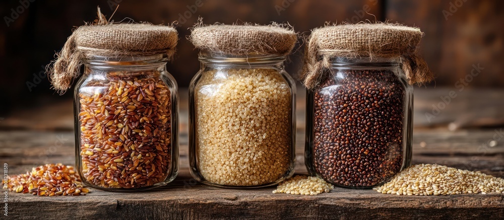 Three glass jars filled with different kinds of quinoa on a wooden table with scattered quinoa in front. Three glass jars filled with different kinds of quinoa on a wooden table with scattered quinoa in front.