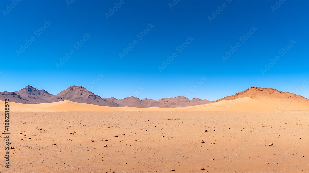 Vast Desert Landscape Sand Dunes, Mountains, and Clear Blue Sky Vast Desert Landscape Sand Dunes, Mountains, and Clear Blue Sky