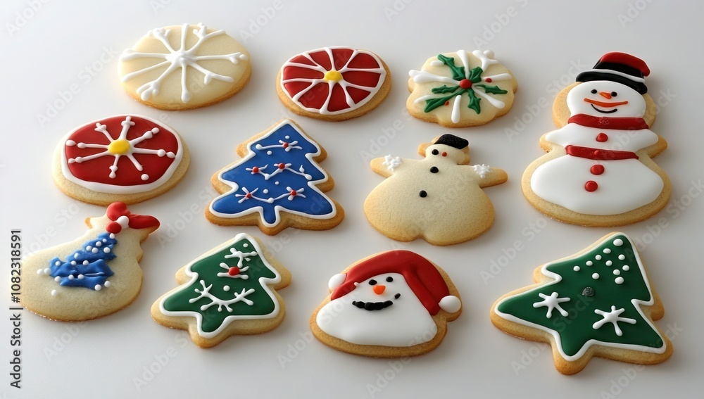 Festive Cookie Decorations with Icing and Patterns in Various Colors and Designs on White Background - High-Quality Professional Photography Festive Cookie Decorations with Icing and Patterns in Various Colors and Designs on White Background - High-Quality Professional Photography
