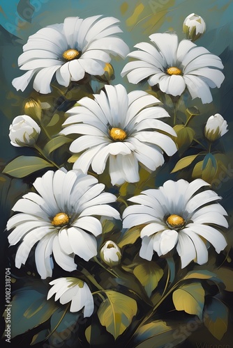 A painting of white daisies with yellow centers and green leaves, green and blue background, abstract digital art. Ideal for floral or botanical concepts