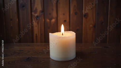 Single white candle burning on wooden table