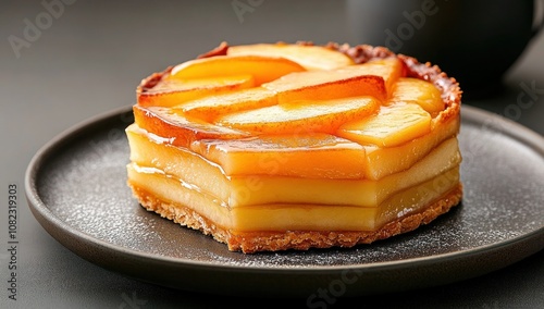 French Apple Tart with Golden Apples and Sweet Glaze on Elegant Plate, Perfect for Afternoon Tea or Main Course. Ultrarealistic 20MP Photograph. photo