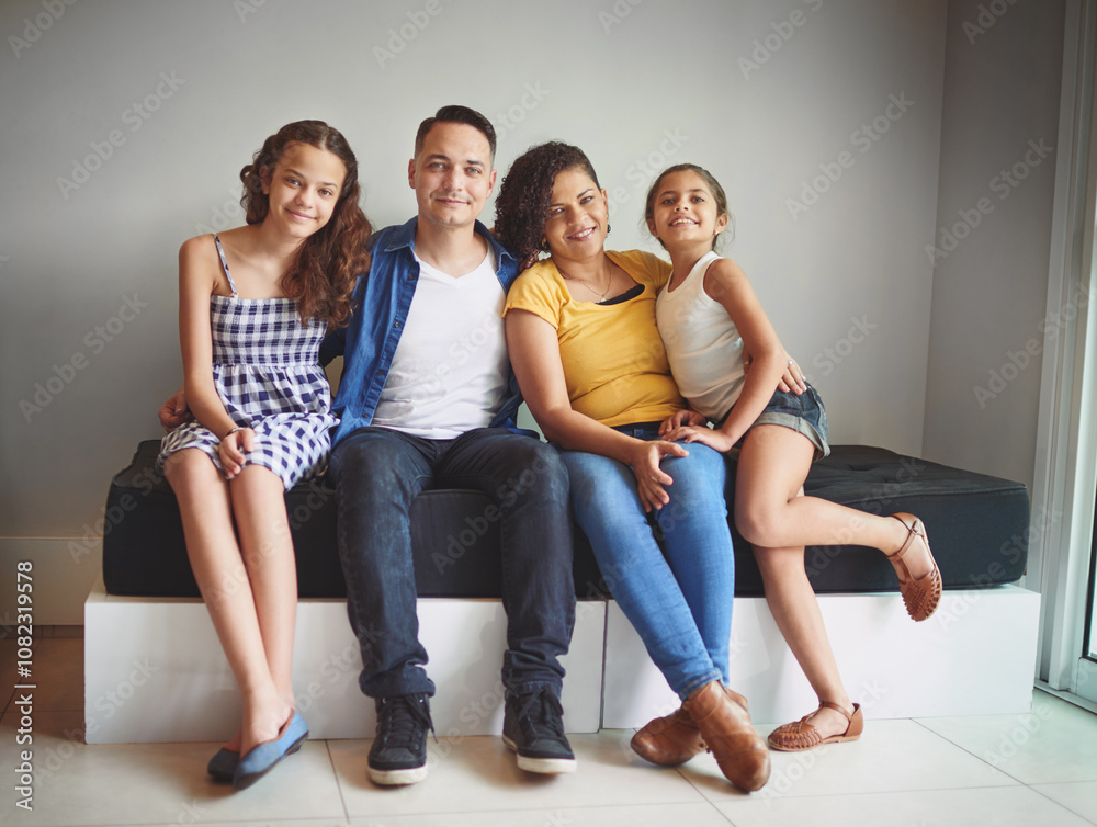 Obraz premium Portrait, happy and family relax at house with children for love, security and bonding together of relationship. Smile, kids and parents with embrace for care, comfort and connection of development