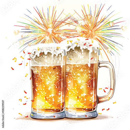 Celebrate the New Year with Cheers! Two frothy beer mugs clinking together