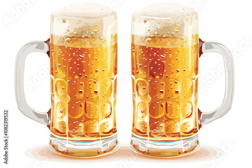 Cheers with Two Glasses of Beer and Big Beer Mugs Vector