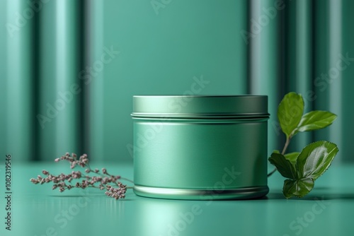 Elegant matcha tea tin mockup isolated on a green background with natural elements photo