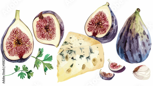 Gourmet Watercolor Illustration of Cheese, Blue Figs, Fresh and Dry Fruits