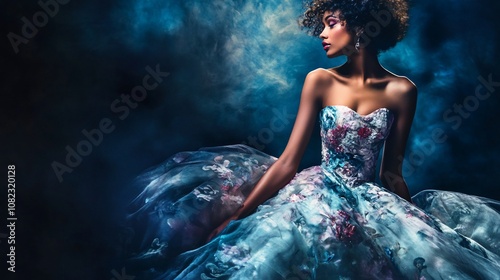 A woman in a beautiful blue and floral gown poses against a dramatic smoke-filled background.