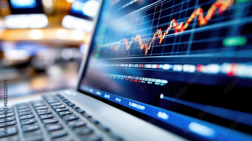 A laptop screen shows dynamic stock market graphs with fluctuating trends, set against a backdrop of a bustling trading floor filled with professionals A laptop screen shows dynamic stock market graphs with fluctuating trends, set against a backdrop of a bustling trading floor filled with professionals