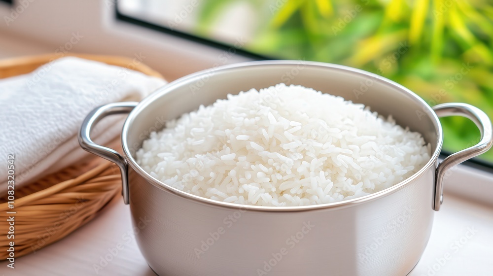 Cooking white rice in a silver pot kitchen counter food photography bright natural light close-up view culinary art Cooking white rice in a silver pot kitchen counter food photography bright natural light close-up view culinary art