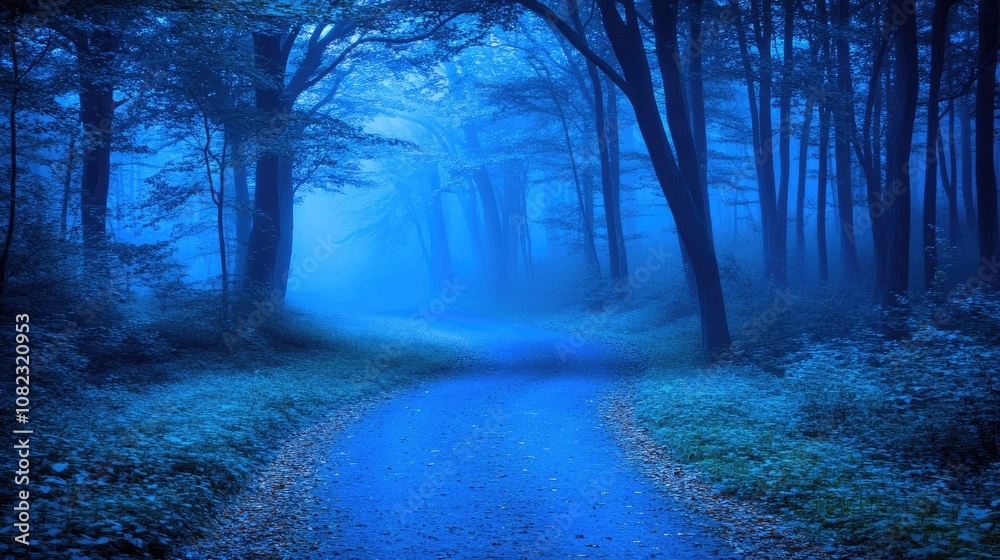 Naklejka premium Misty Forest Path Surrounded by Tall Trees and Dense Fog, Evoking a Mysterious and Eerie Atmosphere with Soft Blue-Tinted Light and Dark Shadows, Perfect for Solitude, Nature, and Cinematic Themes.