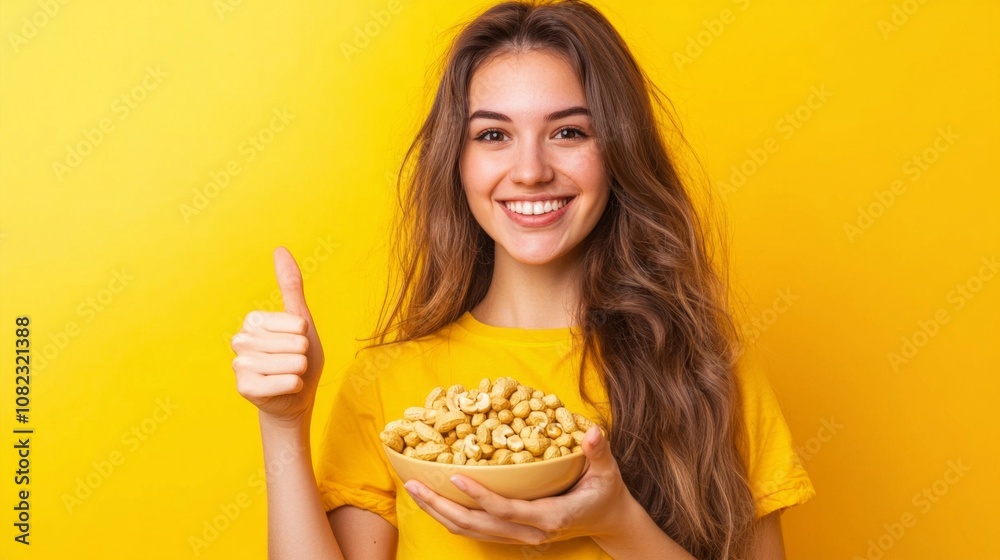 Young woman smiles while holding a bowl of snacks against a bright yellow background during a casual gathering Young woman smiles while holding a bowl of snacks against a bright yellow background during a casual gathering