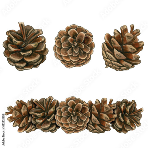 Watercolor hand drawn realistic pinecone composition