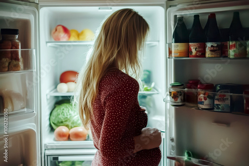 A pregnant woman is opening the refrigerator. AI generative.