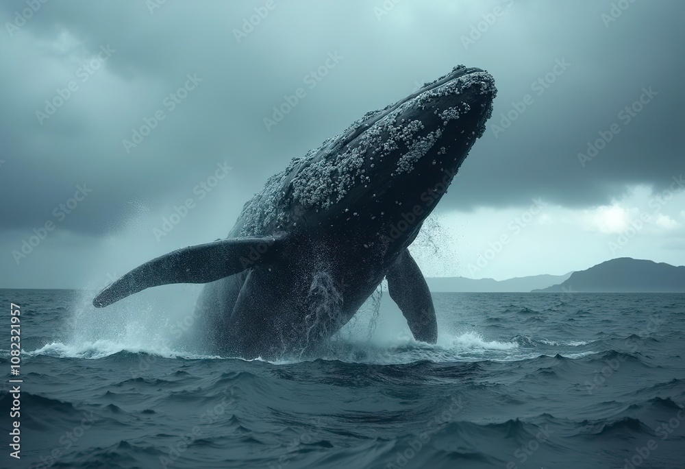 Fototapeta premium A massive humpback whale breaching the surface of a stormy, choppy ocean with dramatic clouds in the background