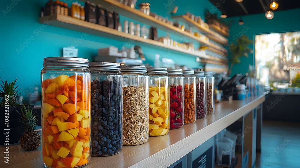 A Contemporary and Clean Nutritious Shake Bar Featuring Colorful Glass Jars Filled with Vibrant Fruits and Ingredients for Health-Conscious Customers A Contemporary and Clean Nutritious Shake Bar Featuring Colorful Glass Jars Filled with Vibrant Fruits and Ingredients for Health-Conscious Customers