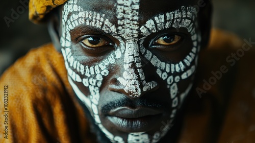 Close-up Portrait of a Man with Traditional Face Paint