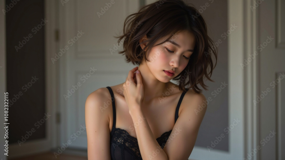 黒の繊細なレースランジェリーを纏い、柔らかな自然光が差し込む室内で静かに俯く女性、ショートヘアと落ち着いたベージュとグレーの背景が洗練された美しさと繊細な雰囲気を引き立てるポートレート 黒の繊細なレースランジェリーを纏い、柔らかな自然光が差し込む室内で静かに俯く女性、ショートヘアと落ち着いたベージュとグレーの背景が洗練された美しさと繊細な雰囲気を引き立てるポートレート