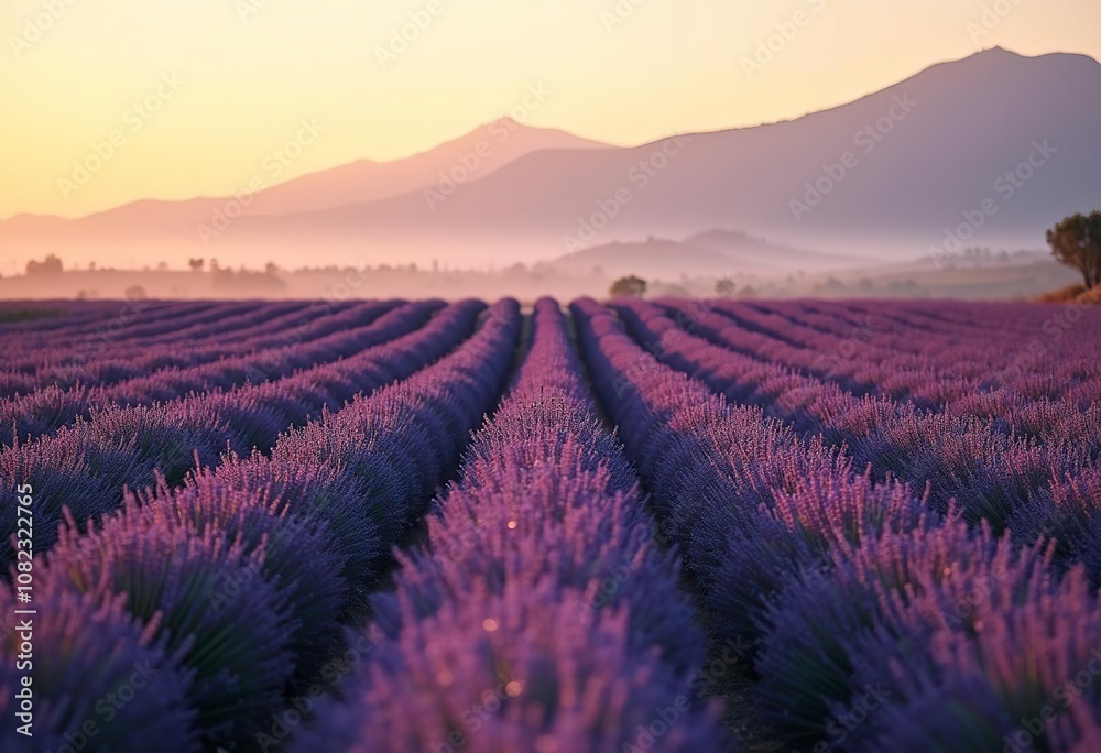 A vast lavender field stretching across a rural landscape, with mountains visible in the background A vast lavender field stretching across a rural landscape, with mountains visible in the background