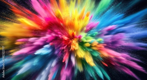 A vibrant explosion of colors, resembling an intense burst or splash of paint 