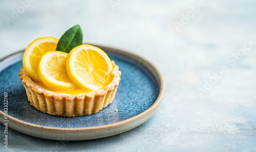 Lemon tartlets on a plate on light rustic background