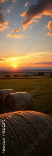 Hay bales sit in a field at sunset. The sky is a mix of orange and blue, with the sun setting in the distance