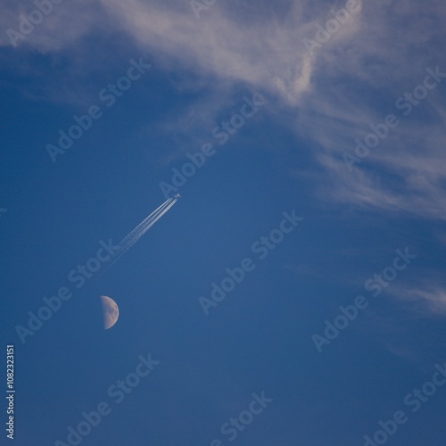 Moon and airplane contrail against blue sky.