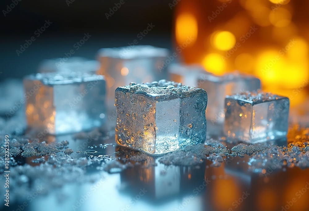 Closeup of several ice cubes with water droplets on a reflective surface Closeup of several ice cubes with water droplets on a reflective surface