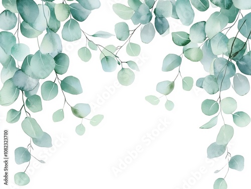 Delicate Watercolor Eucalyptus Leaves Arranged in Soft Mint and Silver Circular Pattern on White Background