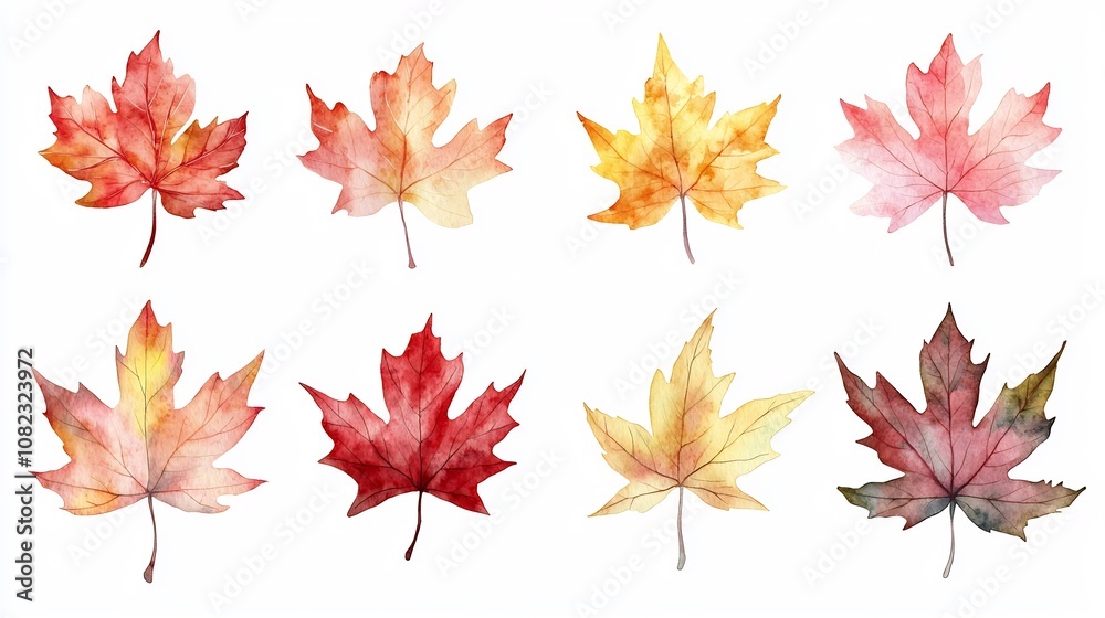 Detailed Watercolor Maple Leaves in Autumnal Gradient on White Background Detailed Watercolor Maple Leaves in Autumnal Gradient on White Background