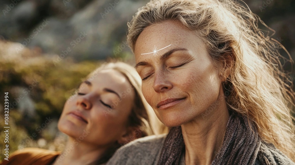 Two women practicing mindfulness in a serene outdoor setting with natural sunlight during a peaceful moment of relaxation Two women practicing mindfulness in a serene outdoor setting with natural sunlight during a peaceful moment of relaxation