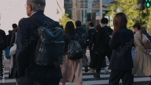横断歩道を渡り朝の通勤するビジネスマンたちの後ろ姿のスローモーション　東京