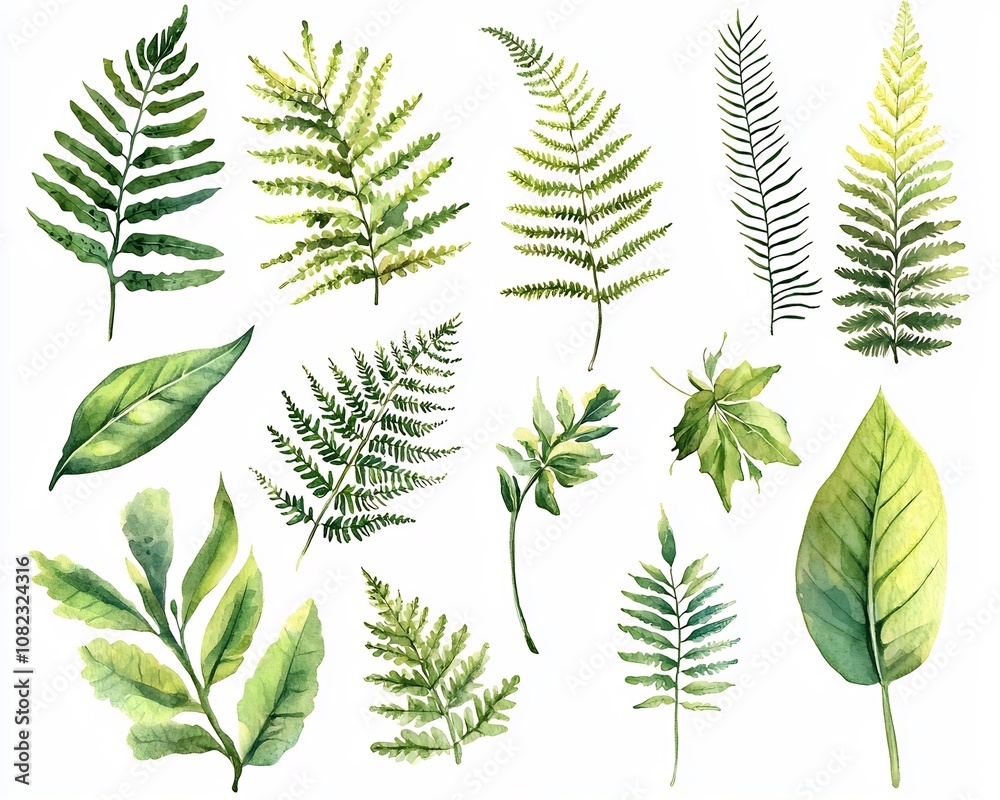 Whimsical Watercolor Collection of Diverse Fern Leaves on Clean White Background Whimsical Watercolor Collection of Diverse Fern Leaves on Clean White Background