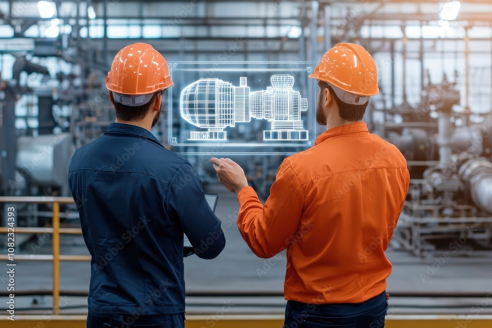 Critical industry concept, Two engineers in hard hats observe a holographic display of industrial machinery in a factory setting, highlighting technological innovation and teamwork. Critical industry concept, Two engineers in hard hats observe a holographic display of industrial machinery in a factory setting, highlighting technological innovation and teamwork.