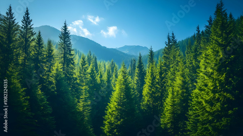 Green Coniferous Forest Mountain Landscape Photo