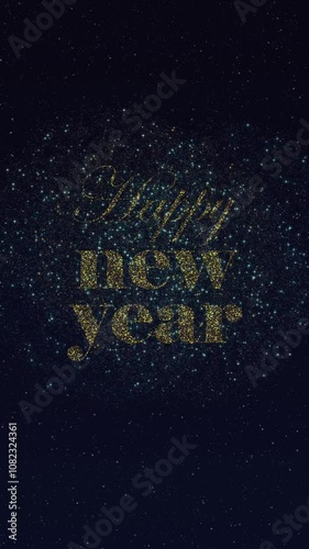 Animated Happy New Year text with fireworks and dark moving sky background, for social media